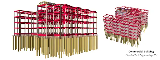 view of a modern commercial building designed with the ProtaStructure Suite, exemplifying state-of-the-art structural analysis and BIM.